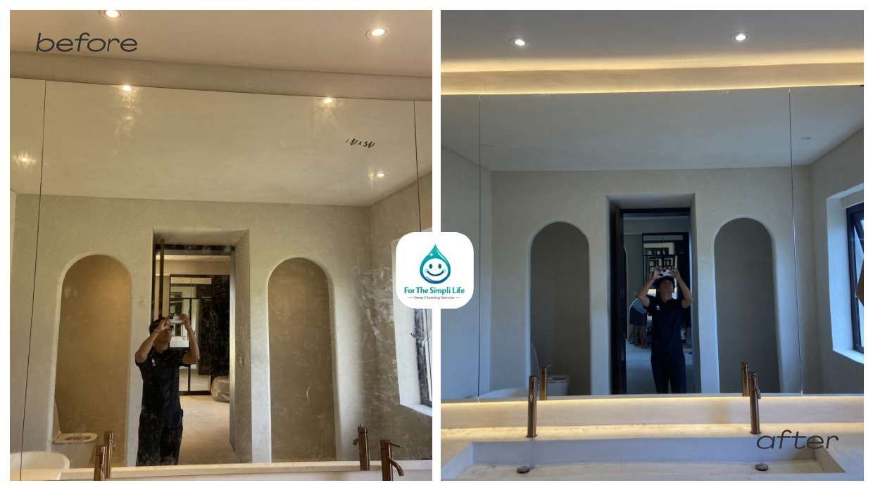 Before and after deep cleaning of a villa bathroom mirror and microcement vanity in Bali