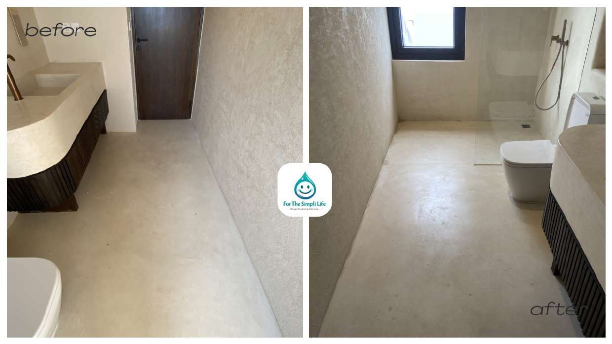 Before and after deep cleaning of a villa bathroom floor in Bali